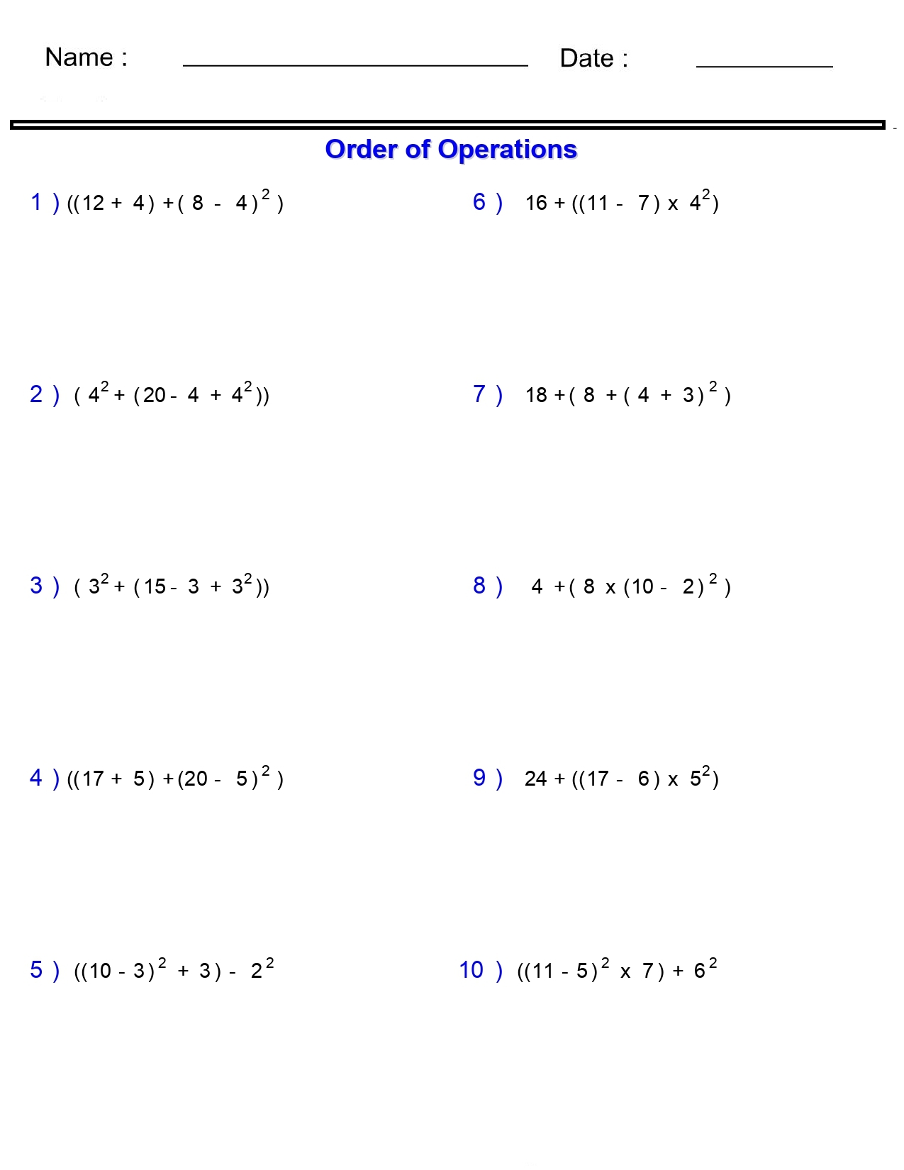 Order Of Operations Without Division Worksheets Nested Parentheses And Exponent Made By Teachers