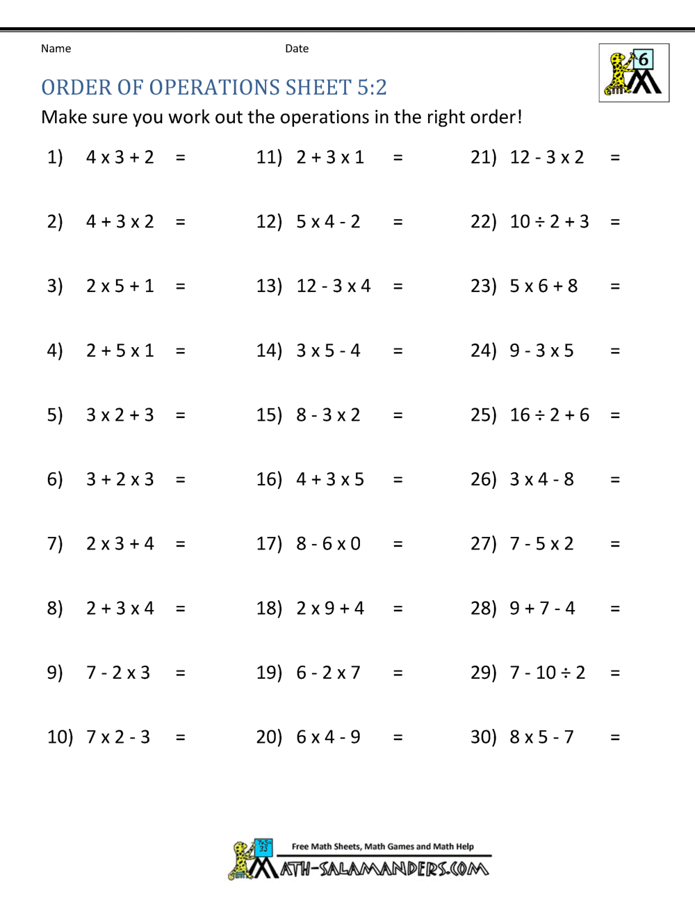 Free Order Of Operations Worksheet Library With Answers Mashup Math