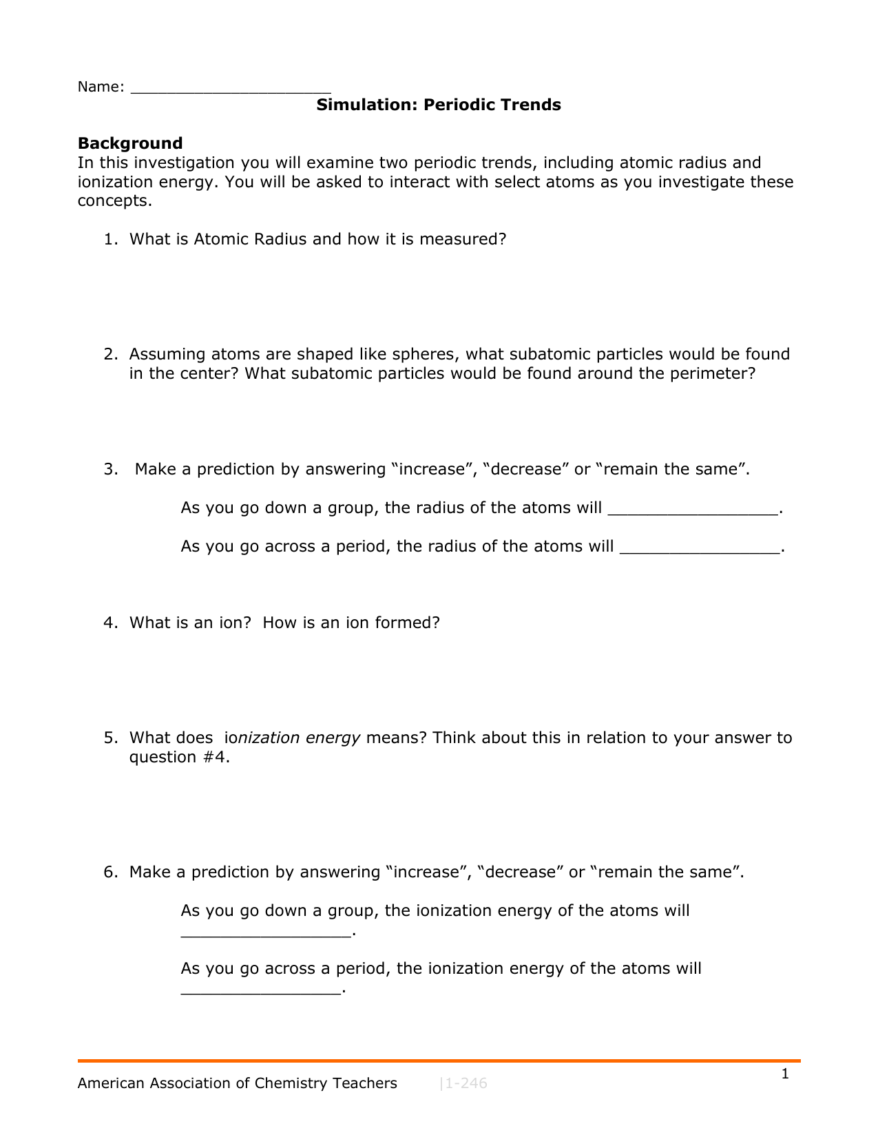 Periodic Trends Atomic Radius Ionization Energy Worksheet Periodic Trends Atomic Radius Ionization Energy Worksheet