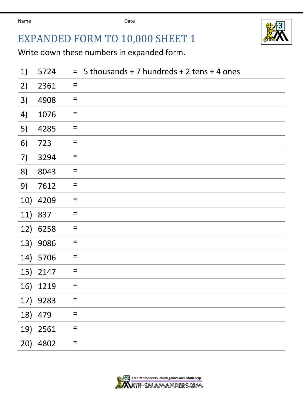Place Value 4 Digit Numbers