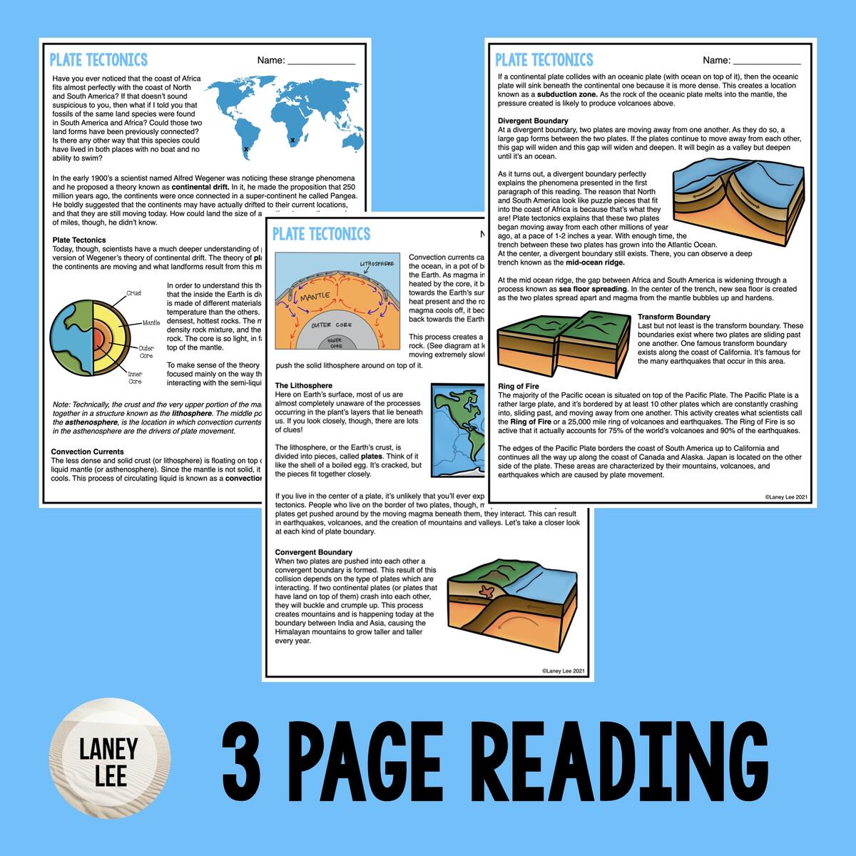 Plate Tectonics Reading Reading Comprehension Worksheets Laney Lee