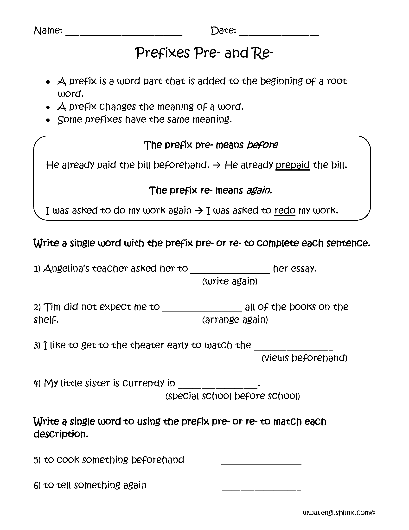 Prefixes Worksheets Prefixes Pre And Re Worksheets