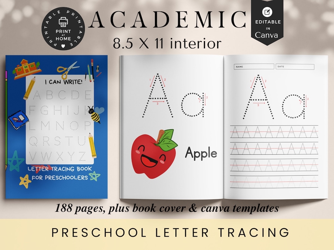 Preschool Letter Tracing KDP Interiors Plus Book Cover Editable Canva Templates Academic Planner Etsy