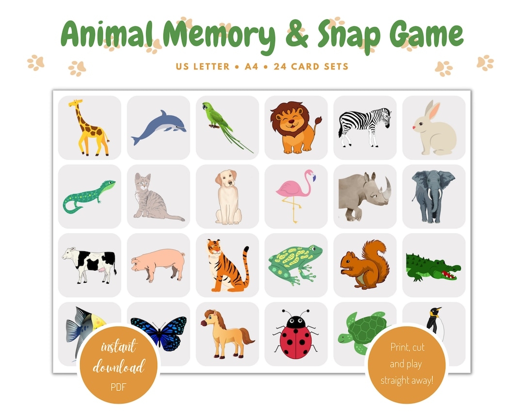 Printable Animal Memory Game Two Games In One Memory Game Snap Game Matching Activity Instant Download PDF US Letter A4 Etsy