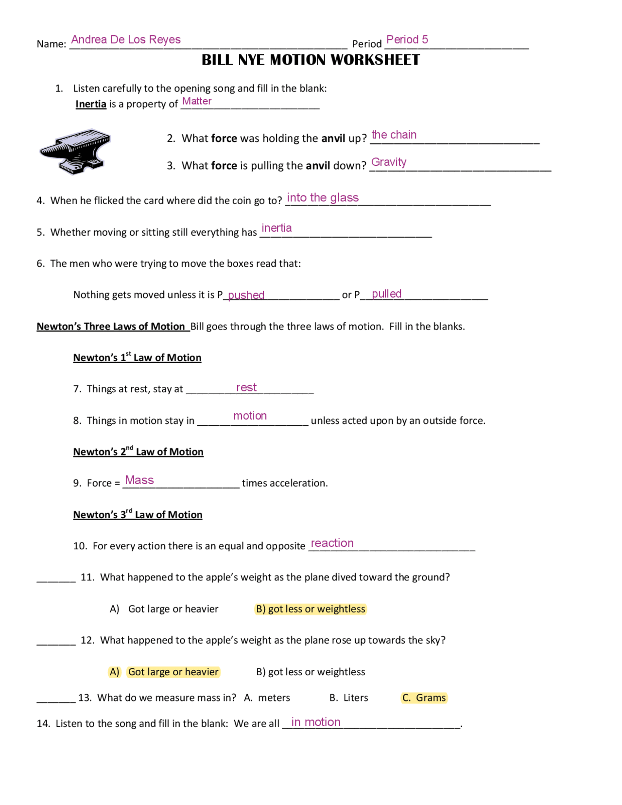Printable Bill Nye Motion Worksheets