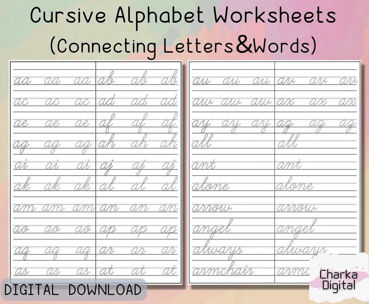 Printable Cursive Alphabet Worksheets Handwritting Practice Pages How To Connect Cursive Letters Cursive Writing Practice Etsy 21 Cursive Handwriting Worksheets Consonant And Vowel Tracing In A PDF File Etsy