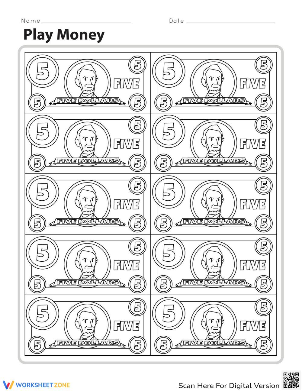 Printable Dollars Worksheets