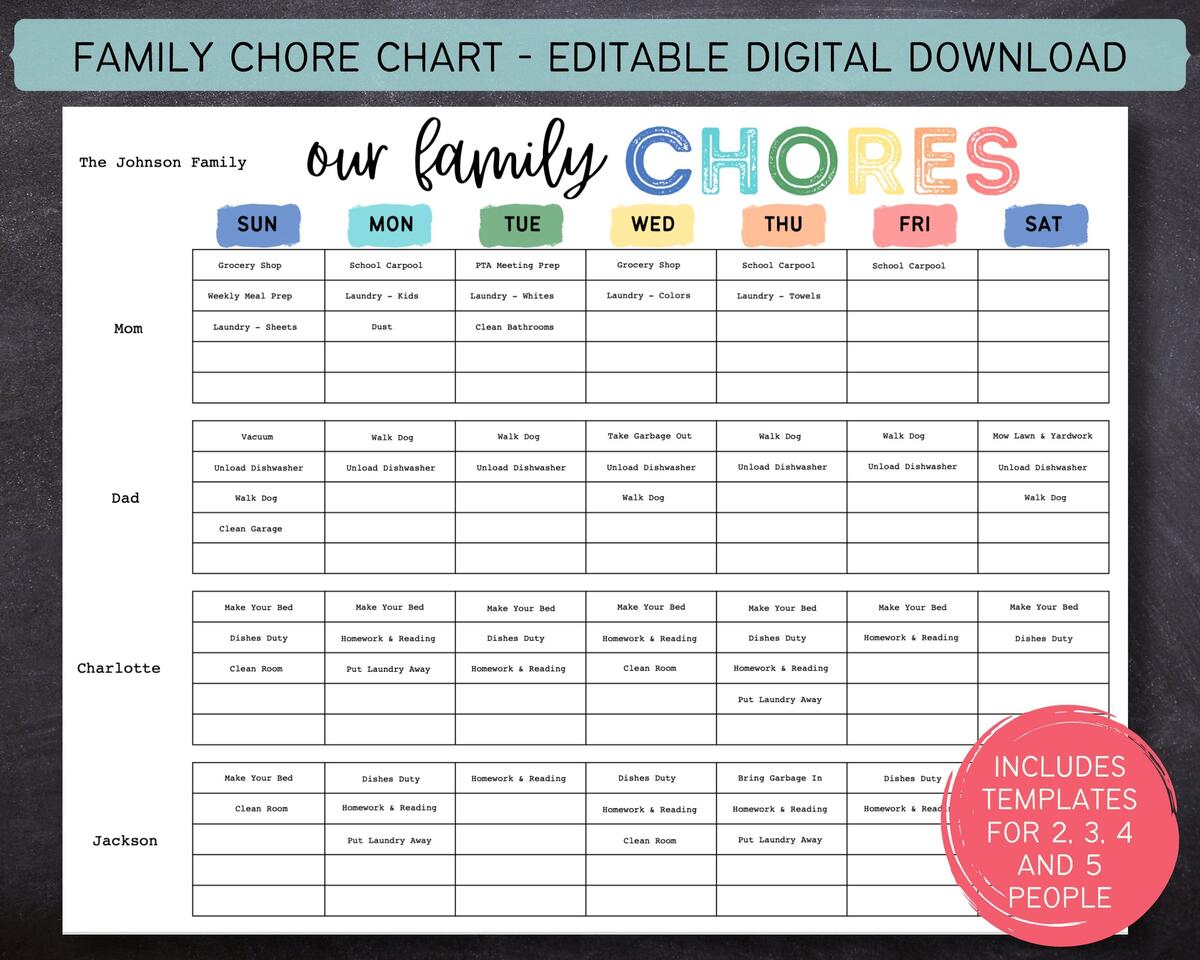 Editable Family Chore Chart Printable Weekly Chore List Kids Adults Chore Chart Cleaning Schedule Cleaning Planner Checklist PDF Etsy Israel