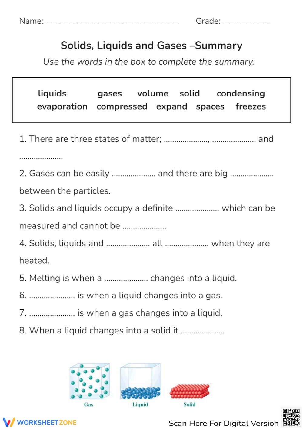 Printable Grade 6 Classification Of Matter Solid Liquid Gas Worksheets