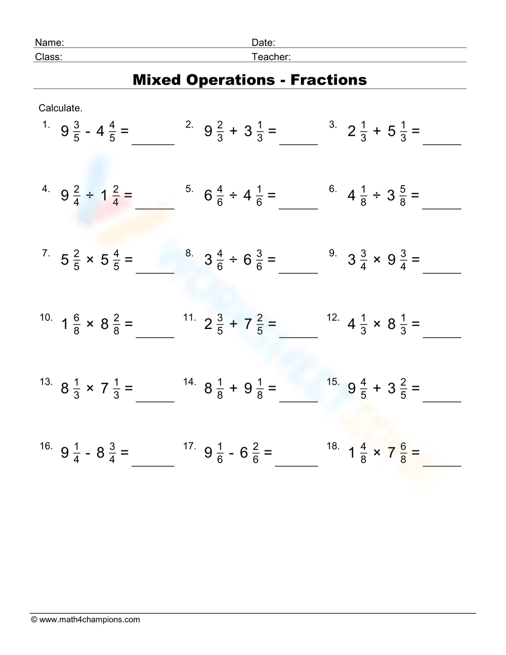 Printable Grade 8 Complex Fractions Worksheets
