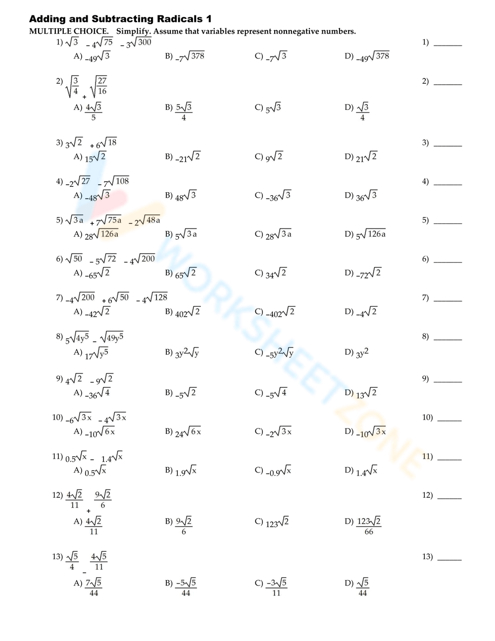 Printable Grade 9 Adding And Subtracting Radicals Worksheets