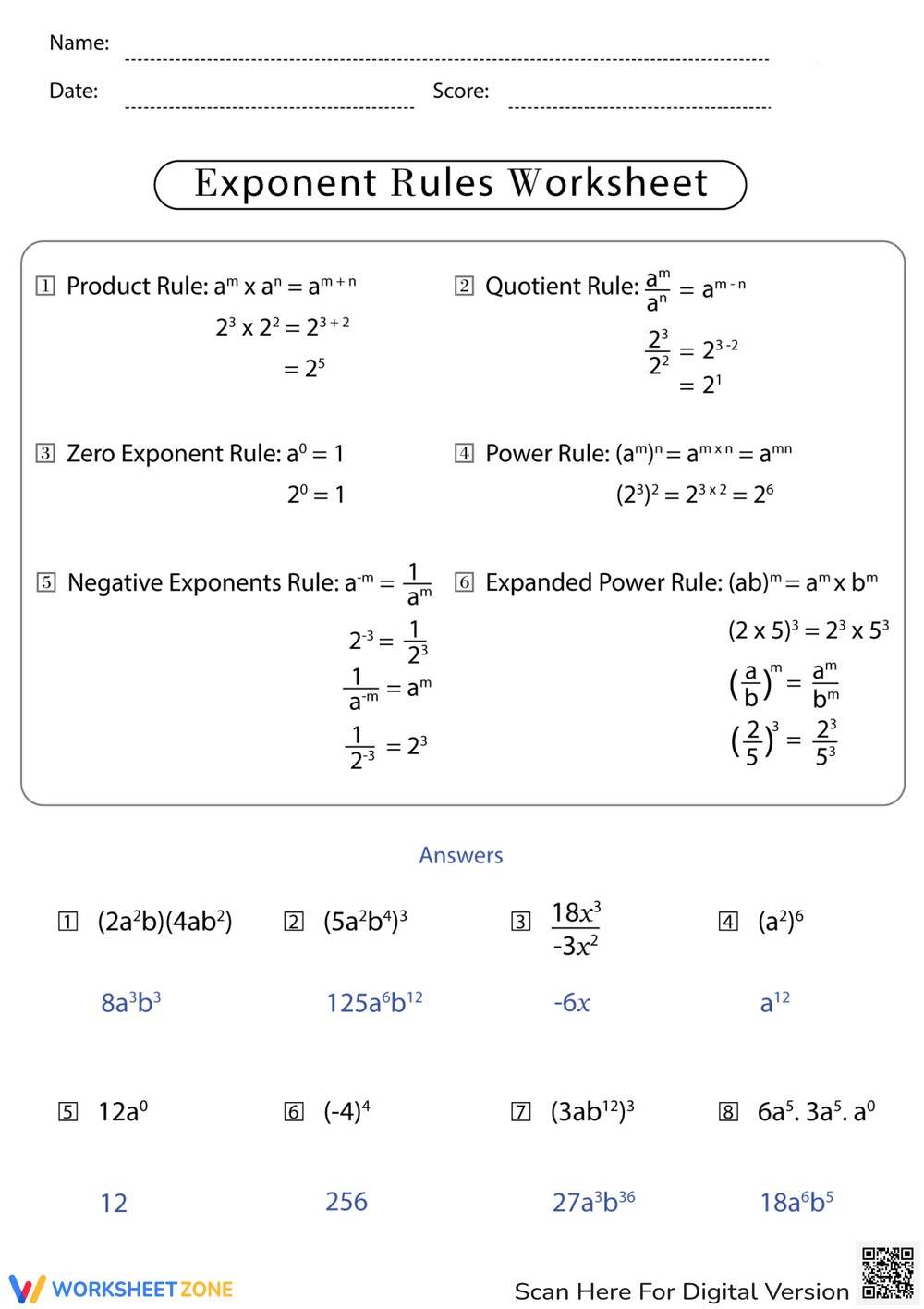 Printable Grade 9 Exponent Rules Review Worksheets
