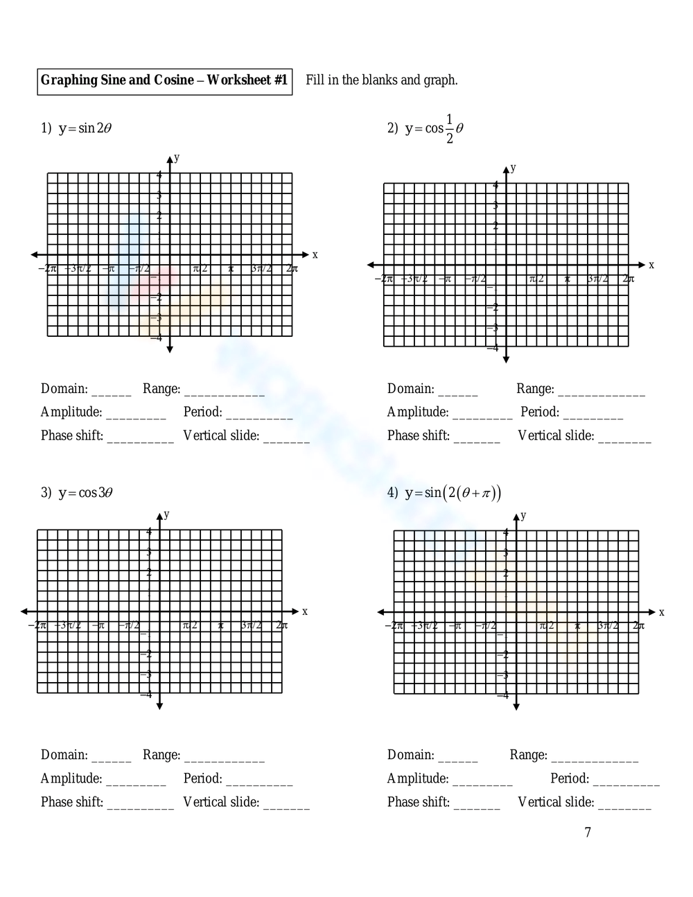 Printable Graphing Sine And Cosine Functions Worksheets Printable Graphing Sine And Cosine Functions Worksheets