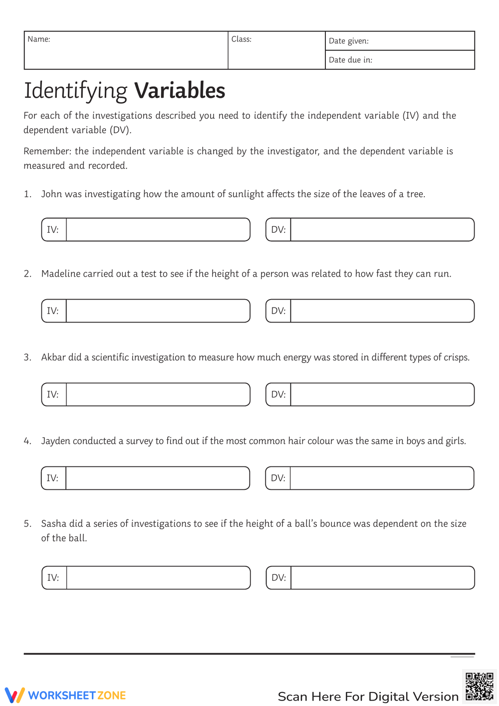 Printable Independent And Dependent Variables Worksheets