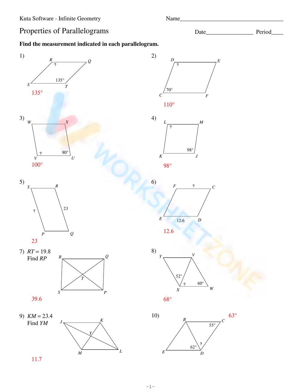 Printable Properties Of Parallelograms Worksheets