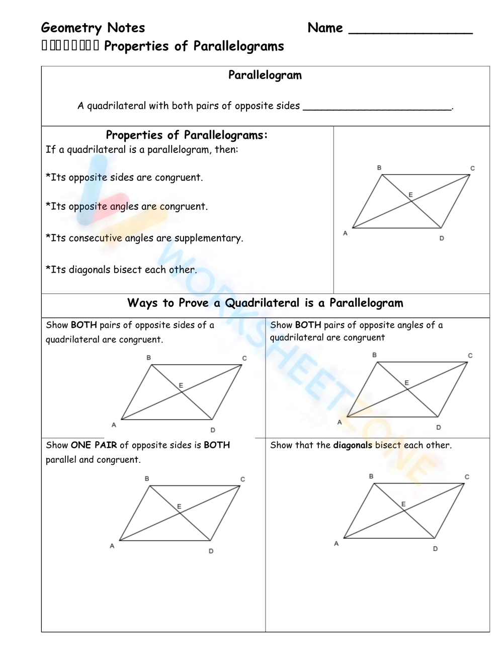 Printable Properties Of Parallelograms Worksheets