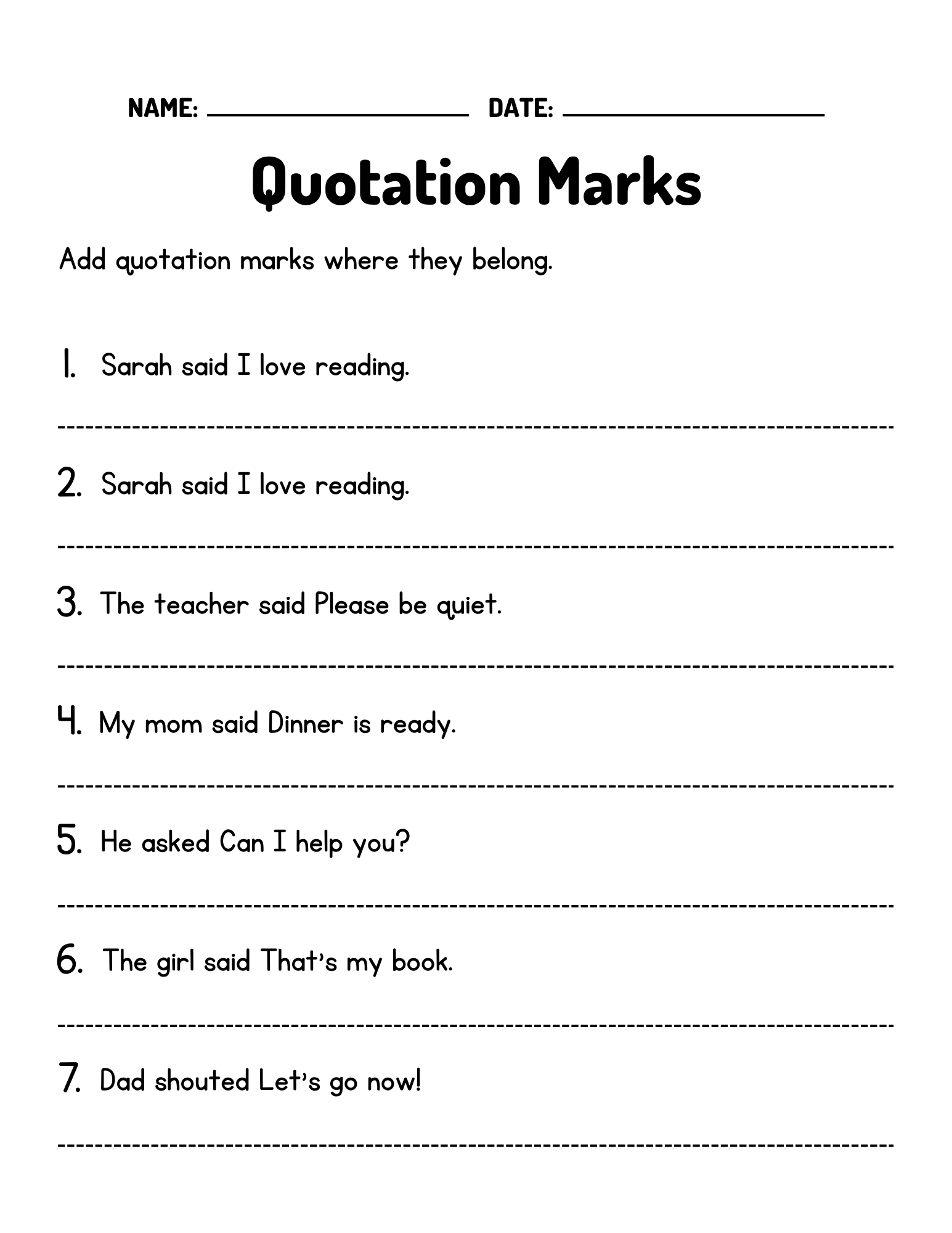 Printable Quotation Marks Grammar Activity Worksheets Teaching Resources