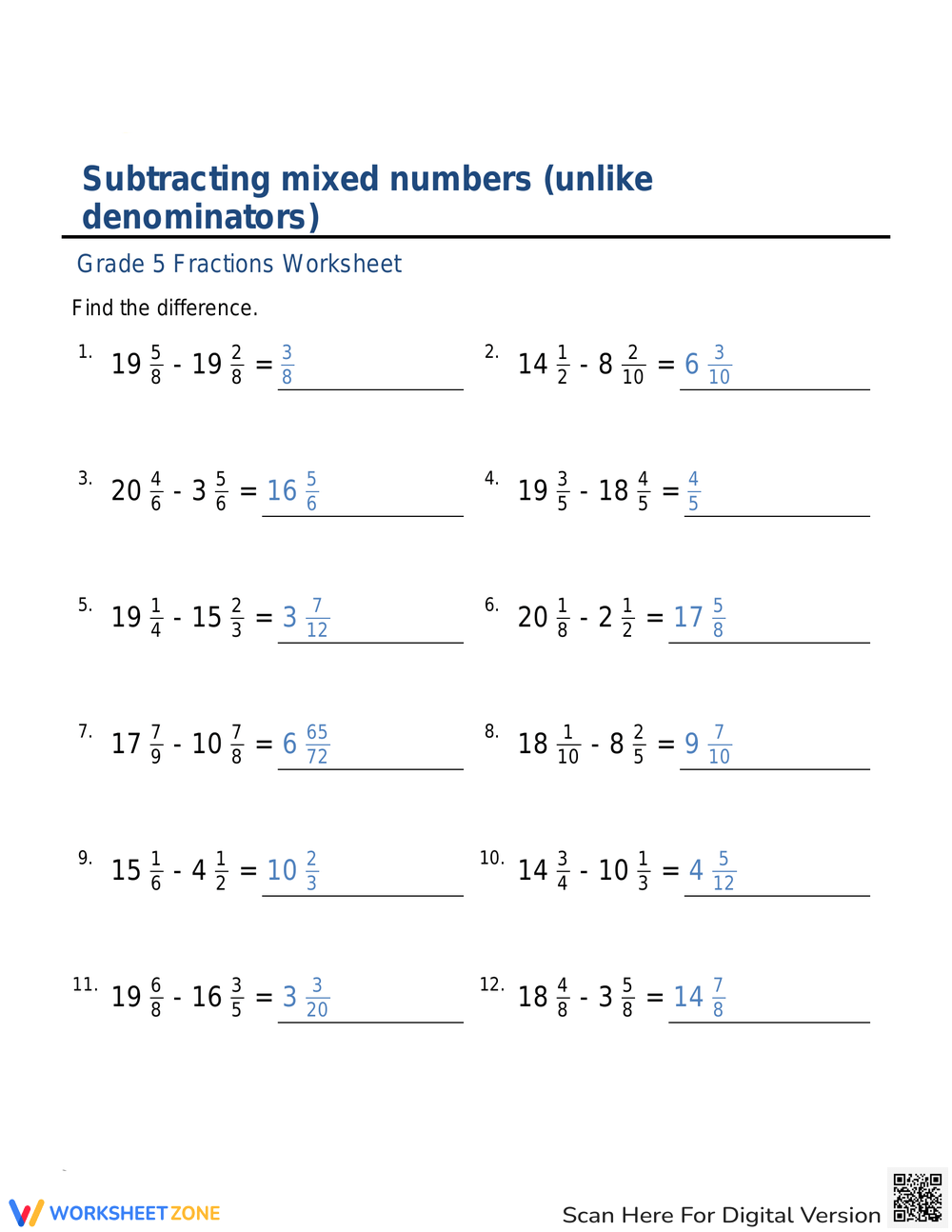 Printable Subtracting Mixed Numbers Worksheets