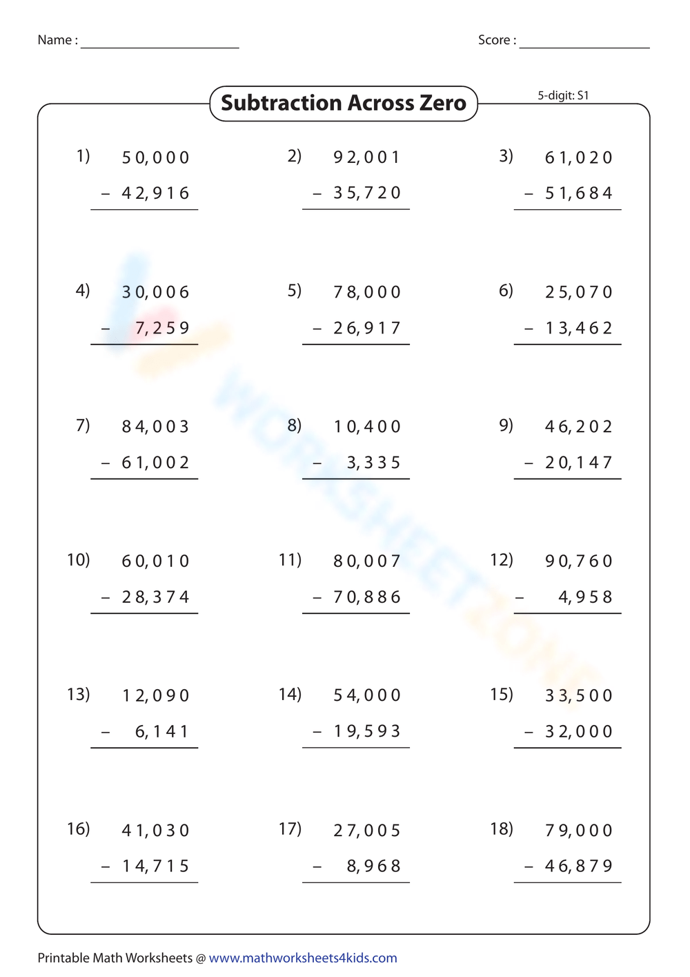 Printable Subtraction Across Zeros Worksheets