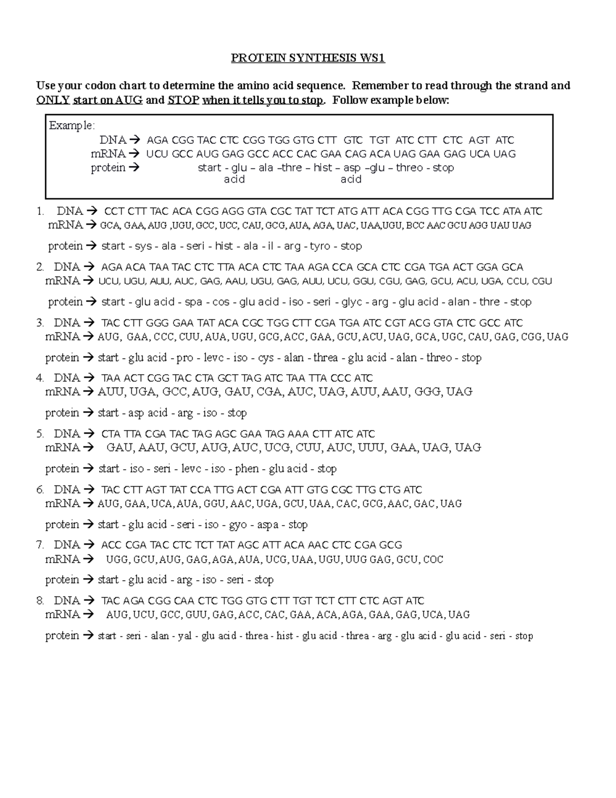 Protein Synthesis Worksheet Bio 101 Studocu