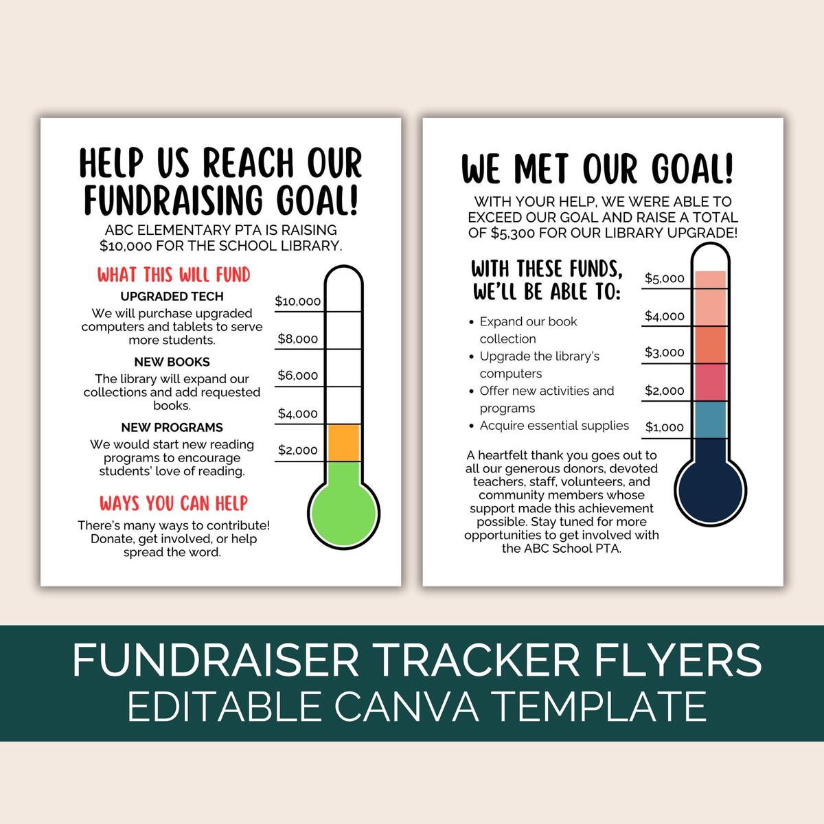 PTO Fundraiser Tracker Flyer Canva Template Fundraising Thermometer Sign Goal Tracker Donation Summary Church School Nonprofit Charity Etsy