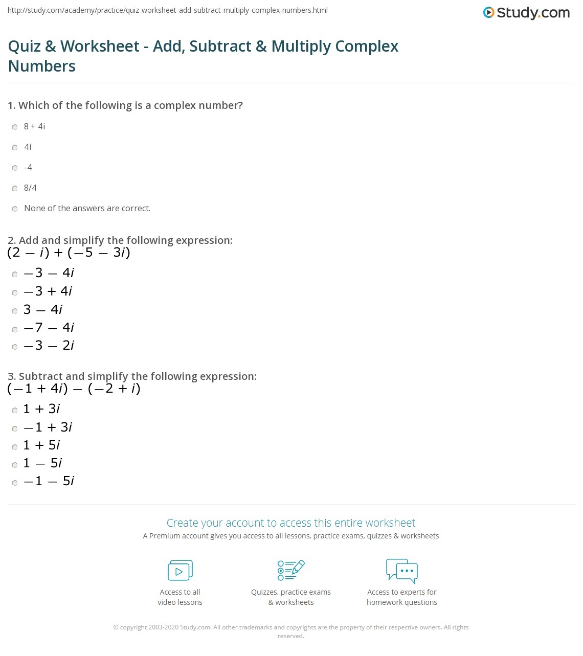 Quiz Worksheet Add Subtract Multiply Complex Numbers Worksheets Library