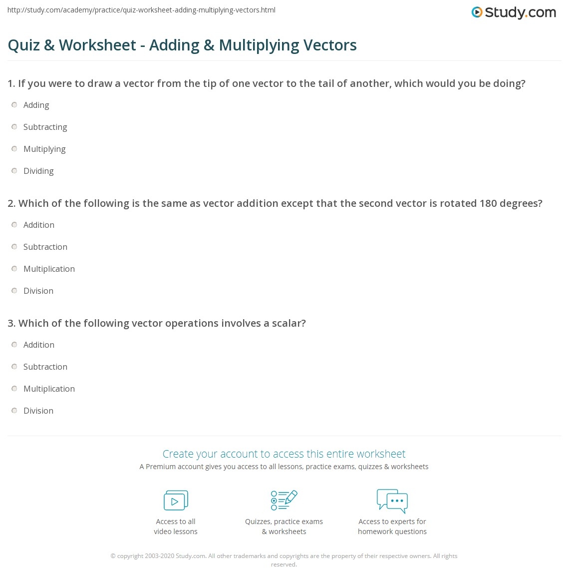 Quiz Worksheet Adding Multiplying Vectors Study