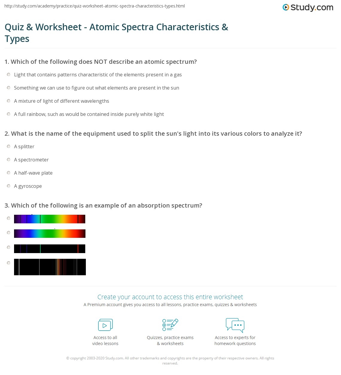 Quiz Worksheet Atomic Spectra Characteristics Types Study