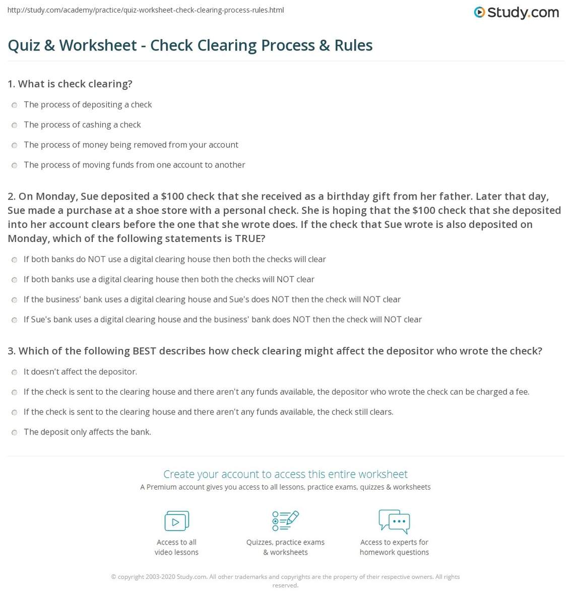 Quiz Worksheet Check Clearing Process Rules Study