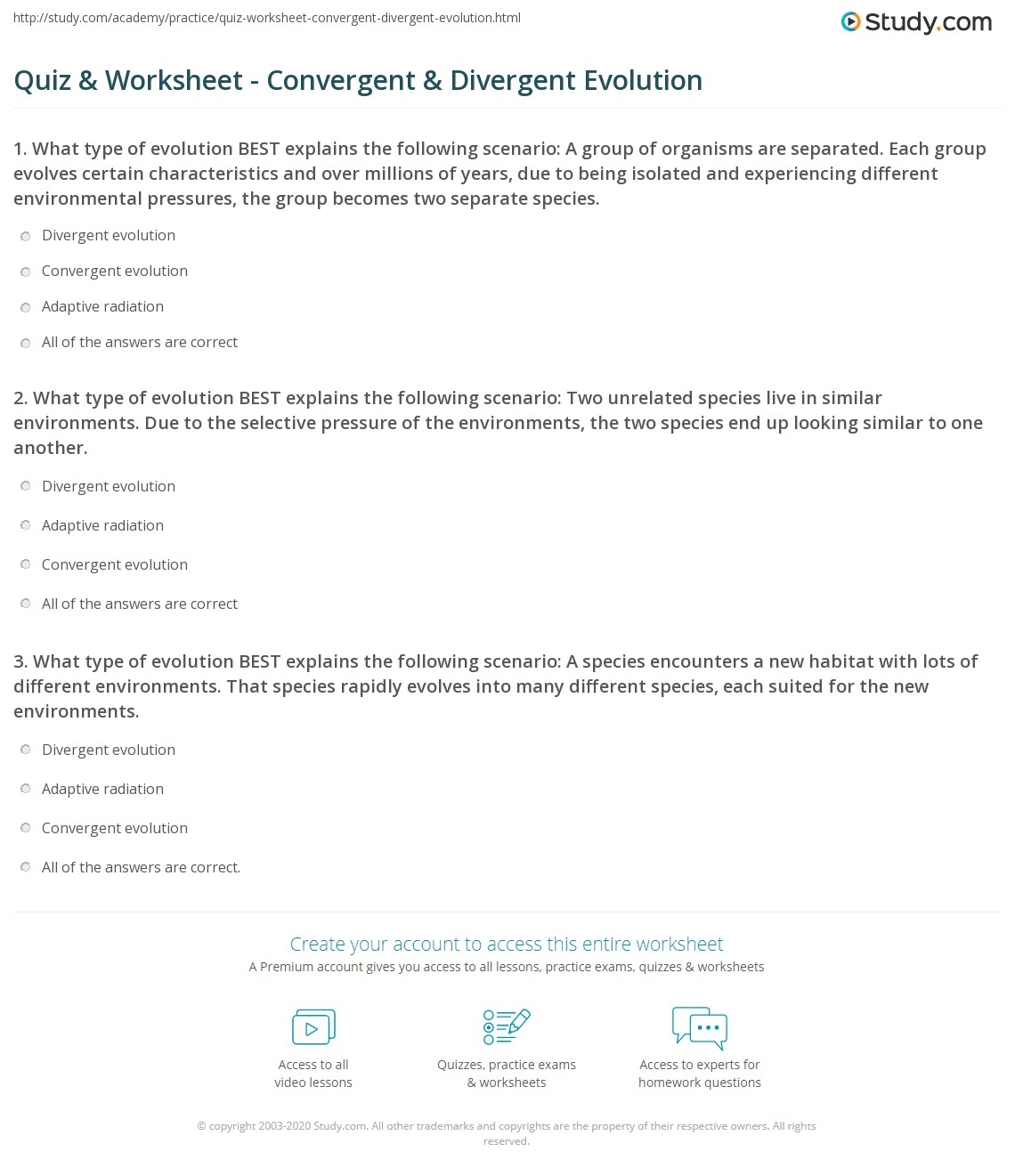Quiz Worksheet Convergent Divergent Evolution Study