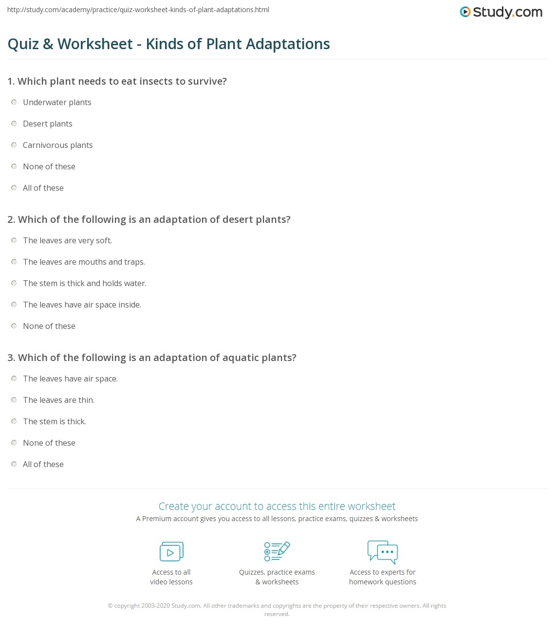 Quiz Worksheet Kinds Of Plant Adaptations Study