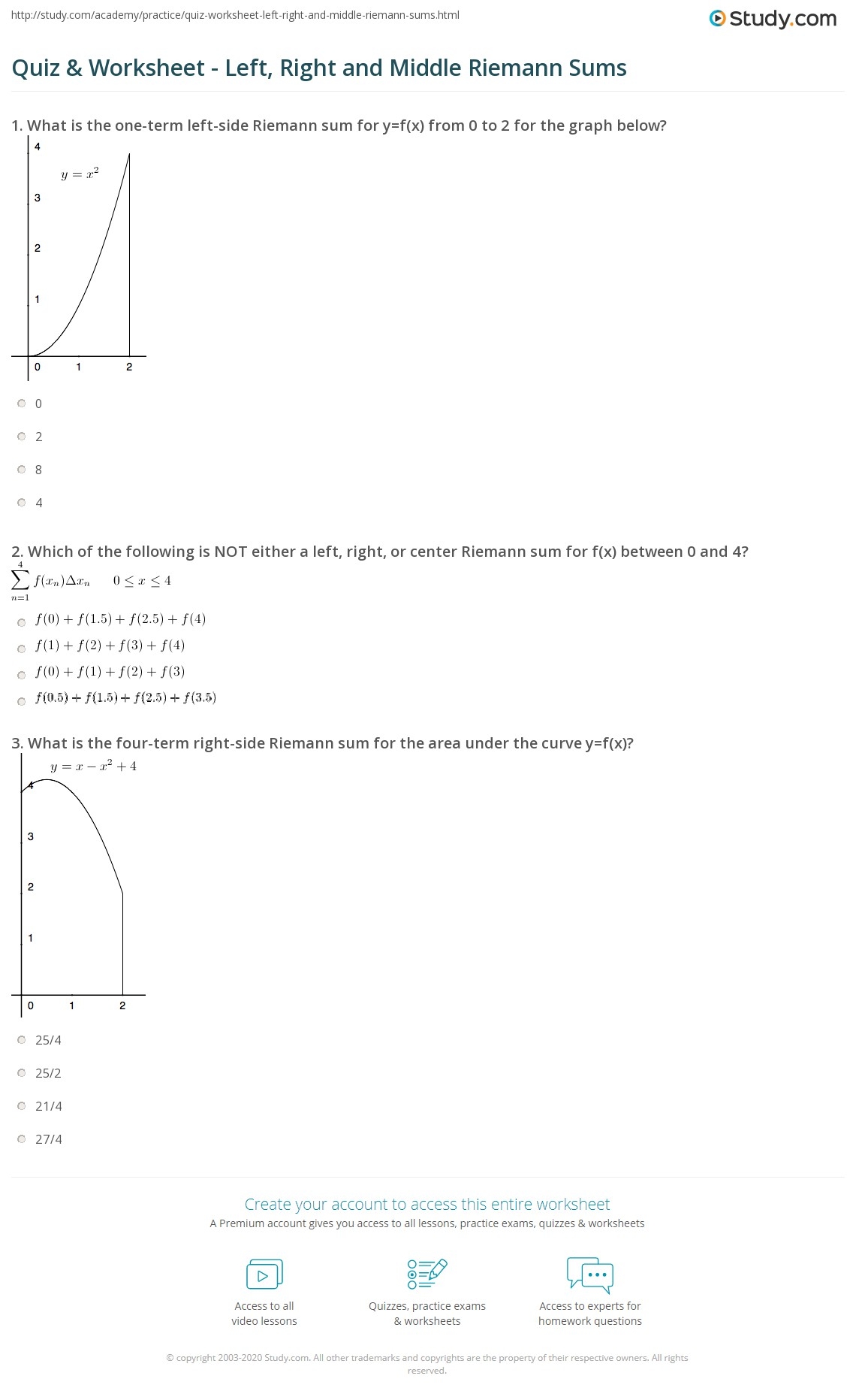 Quiz Worksheet Left Right And Middle Riemann Sums Study