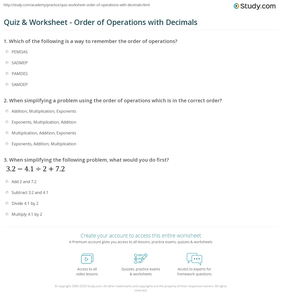 Quiz Worksheet Order Of Operations With Decimals Study Quiz Worksheet Order Of Operations With Decimals Study