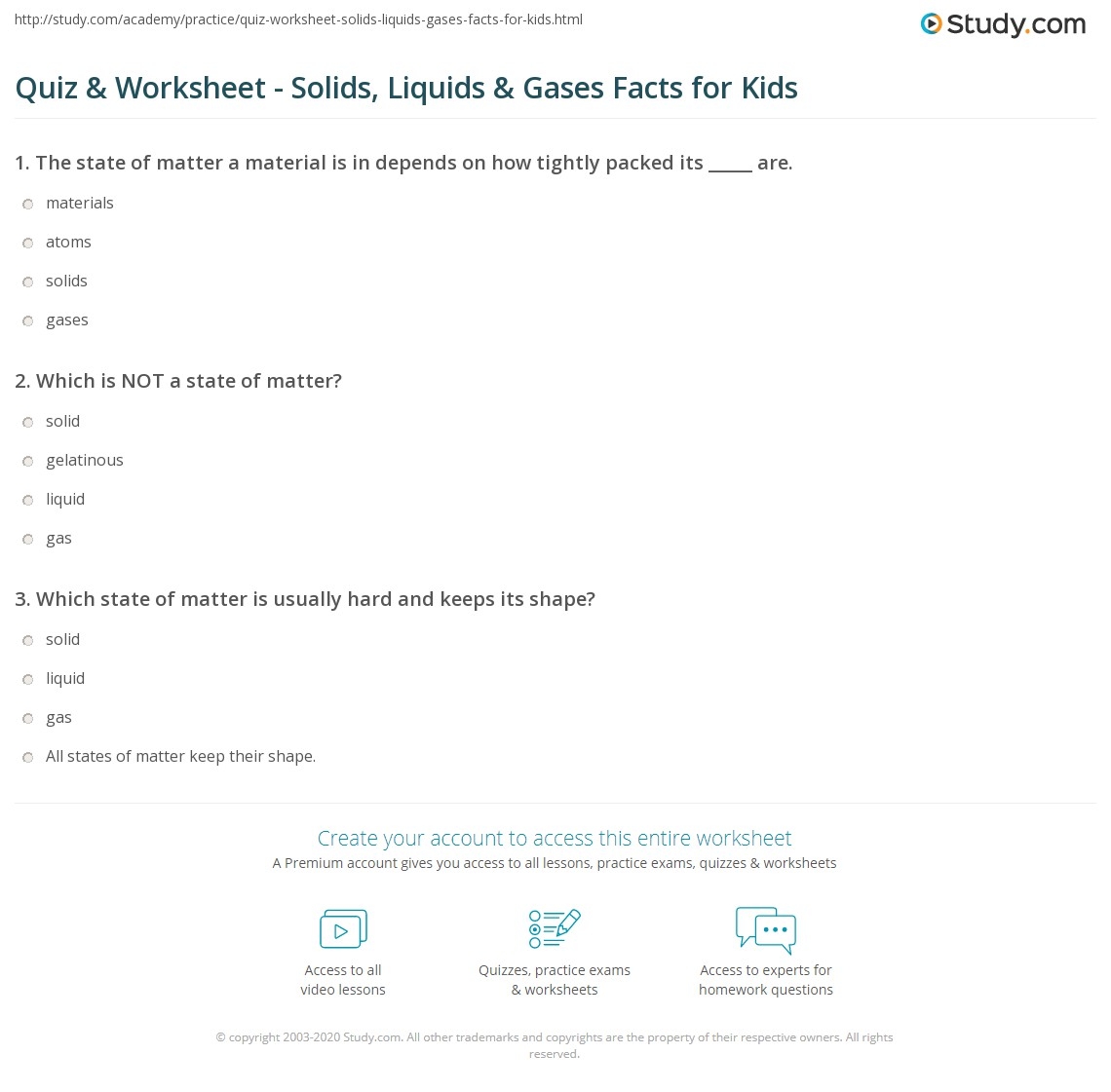 Quiz Worksheet Solids Liquids Gases Facts For Kids Study