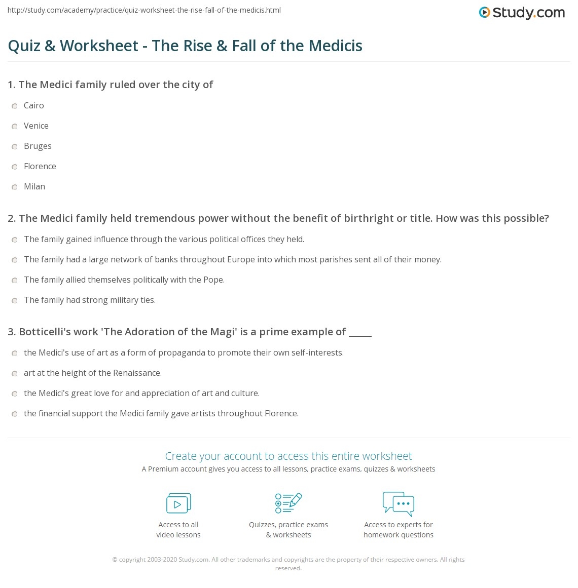 Quiz Worksheet The Rise Fall Of The Medicis Study