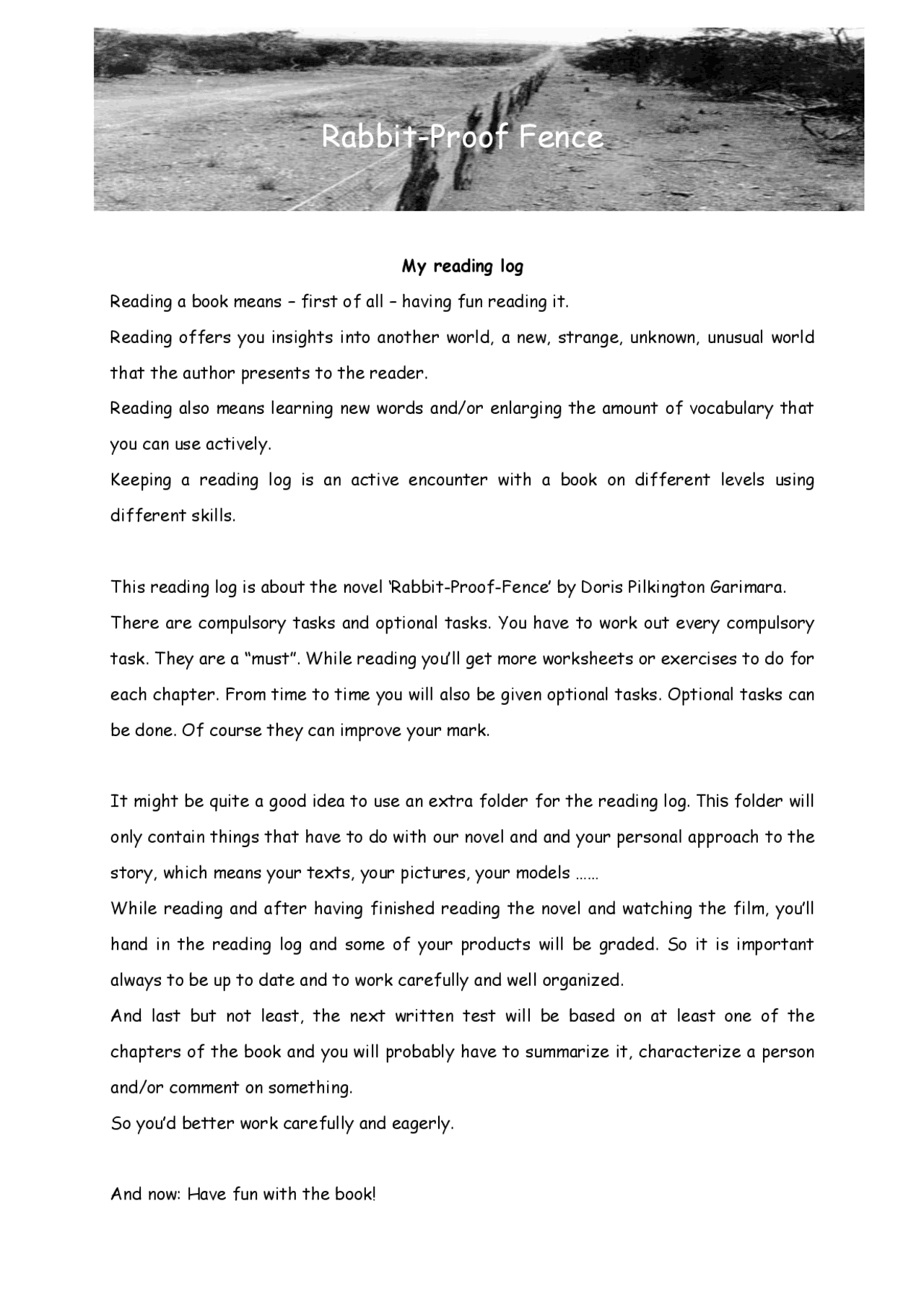 Rabbit Proof Fence A Reading Log And Activities For Students Exercises Painting Docsity