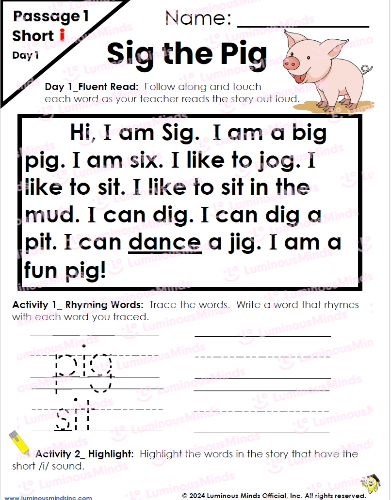 Reading Comprehension Worksheets Decodable Passages Repeated Readings Fluency Building Set 4 Sig The Pig Short I