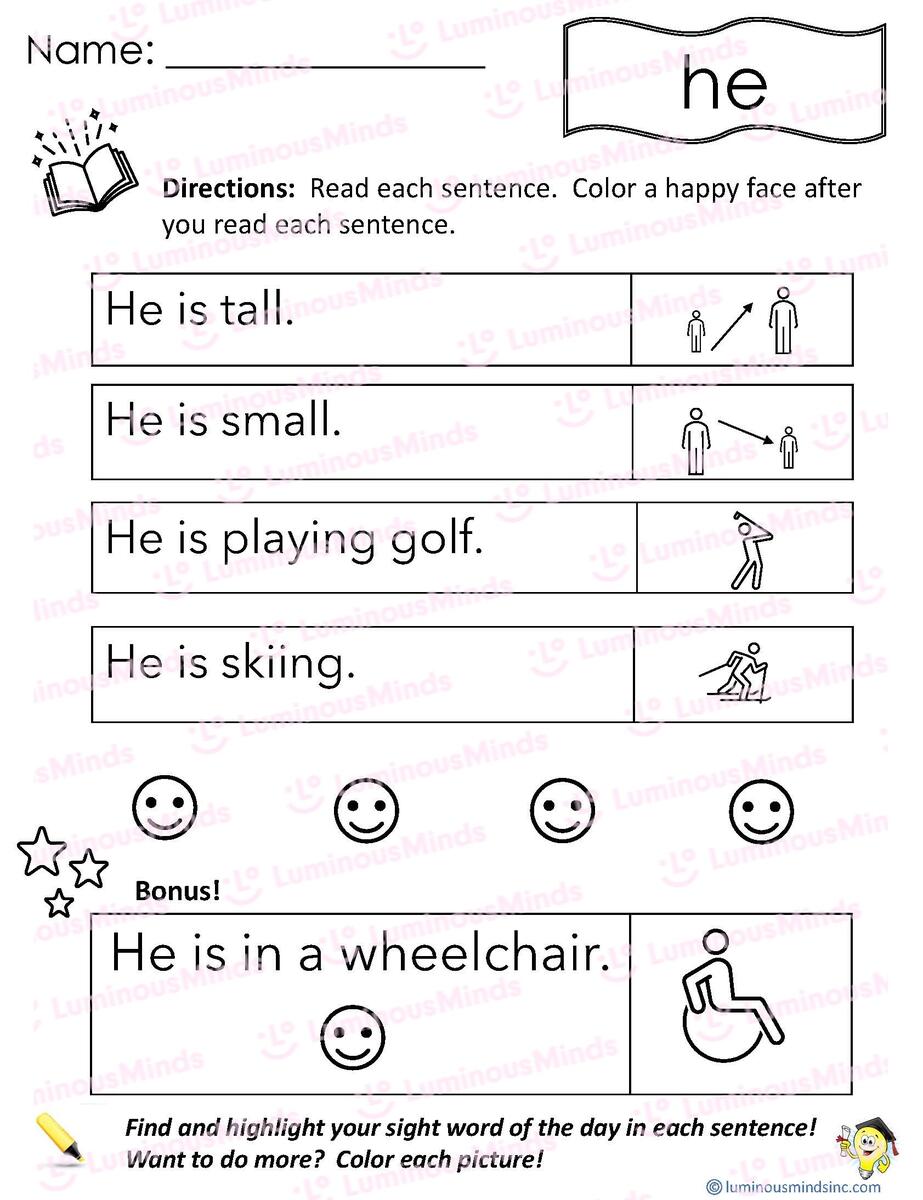 Reading Comprehension Worksheets Reading With Sight Word He