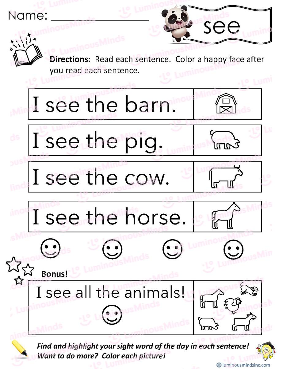 Reading Comprehension Worksheets Reading With Sight Word See Free Sight Word See Worksheets Teach Prints