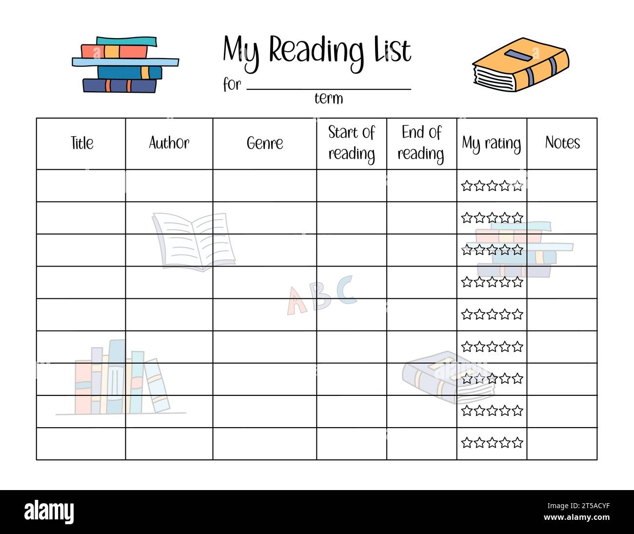 Reading List Template Books To Read Worksheet For Kids Vector Blank Page With Cute Doodle Design US Letter Paper Size Stock Vector Image Art Alamy