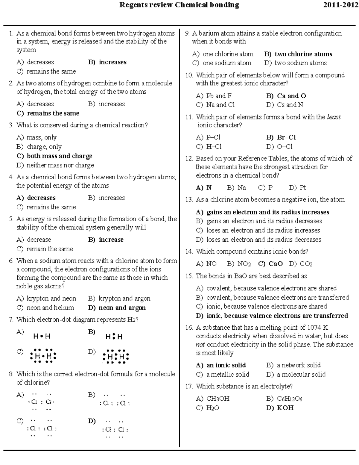 Regents Review Key Concepts Of Chemical Bonding 2011 Studocu