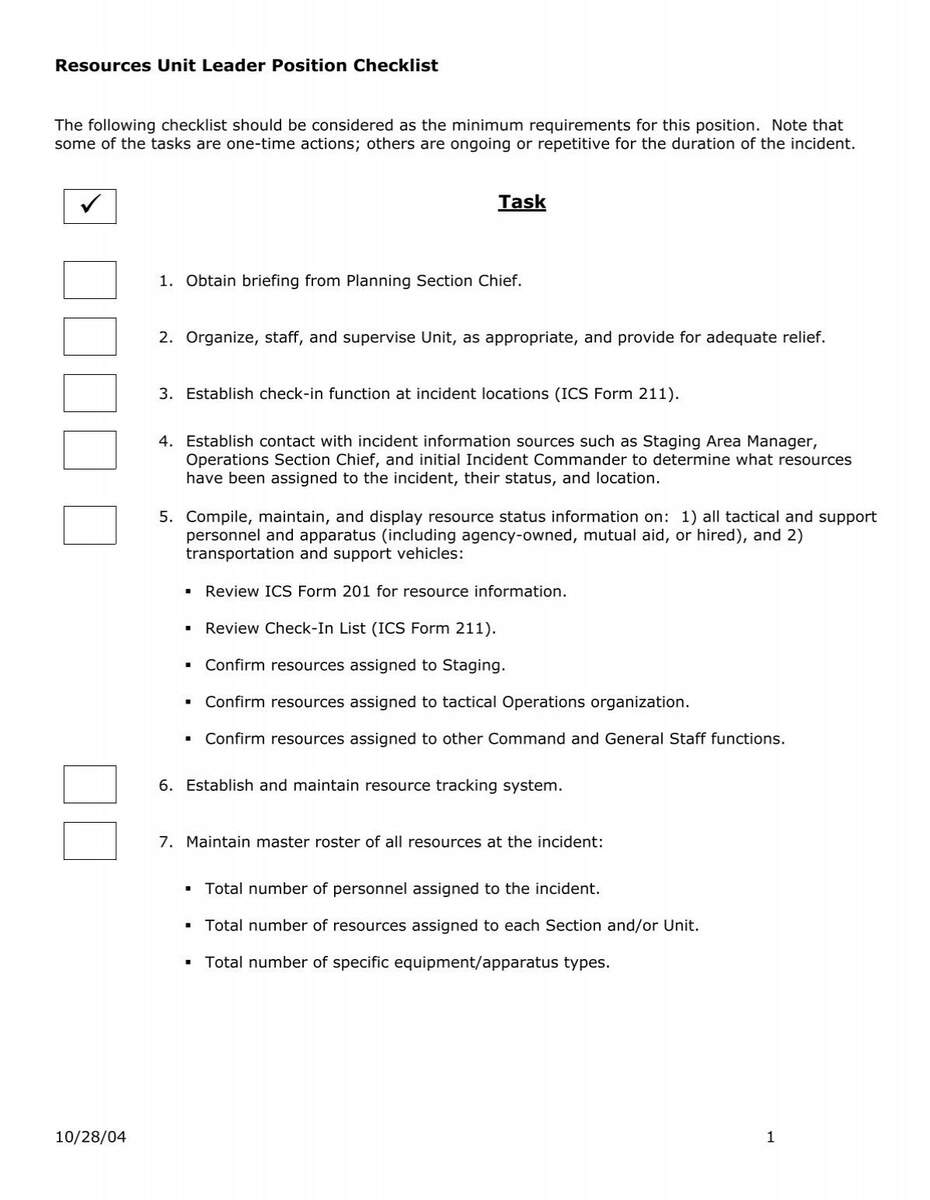 Resources Unit Leader Position Checklist