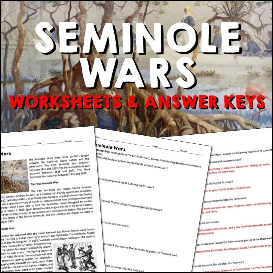 Seminole Wars Andrew Jackson Reading Worksheets And Answer Keys Us American History Printable Lesson Social Studies PDF Digital Download Etsy