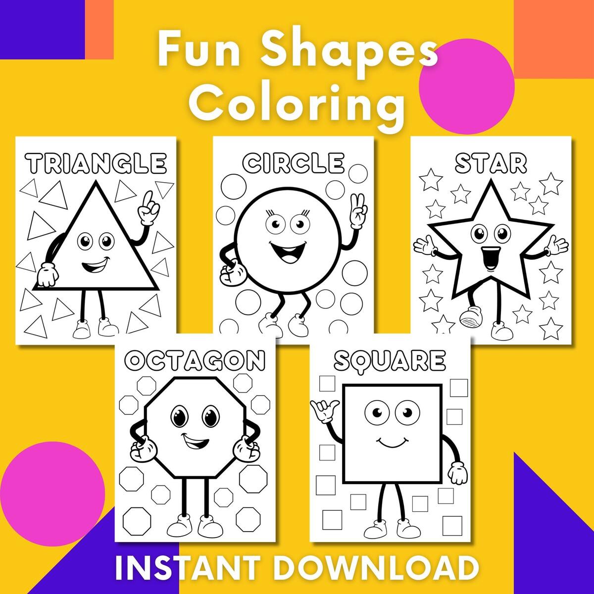Shape Coloring Pages Fun Cartoon Characters Digital Download Etsy Shape Coloring Pages Fun Cartoon Characters Digital Download Etsy