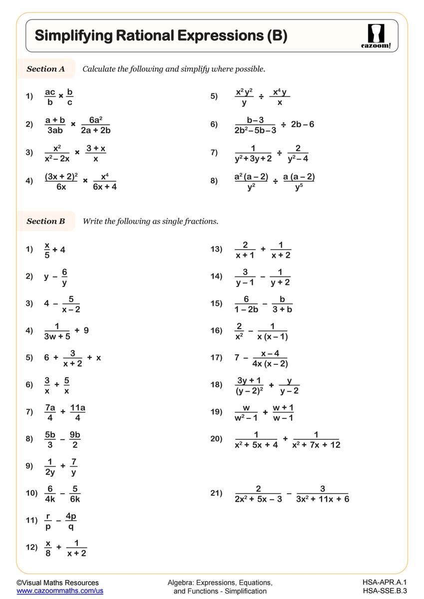 Simplifying Rational Expressions B Worksheet PDF Printable Algebra Worksheet Cazoom Math Simplifying Rational Expressions B Worksheet PDF Printable Algebra Worksheet Cazoom Math