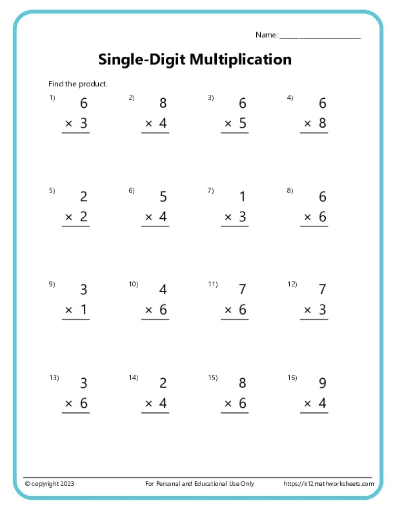 Single Digit Multiplication Worksheets