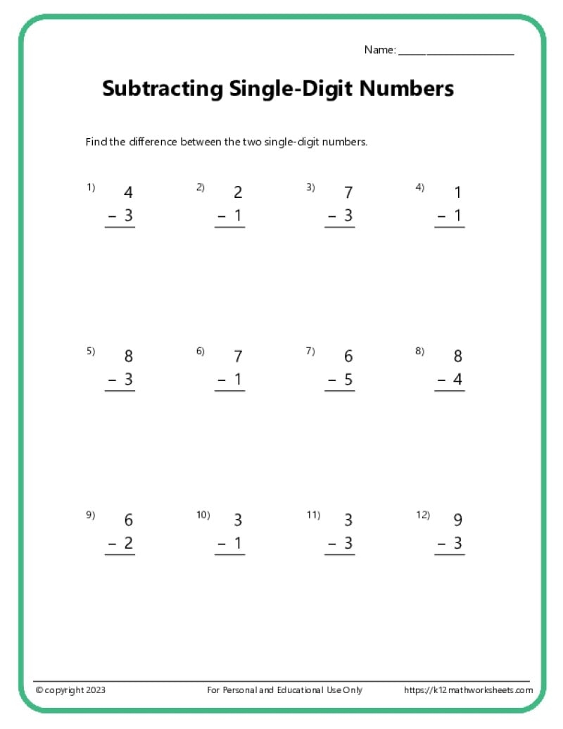 Subtraction Worksheets For Kindergarten