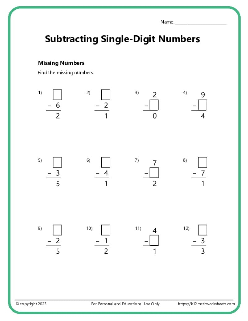 Single Digit Subtraction Worksheets K12 Math Worksheets Single Digit Subtraction Worksheets K12 Math Worksheets
