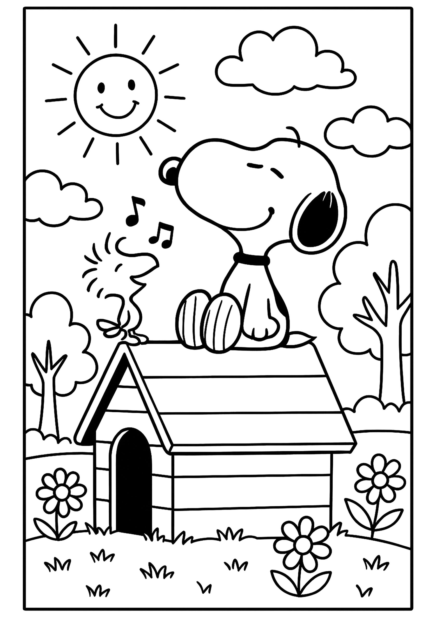 Snoopy On His Doghouse With His Friend Woodstock Snoopy Coloring Pages