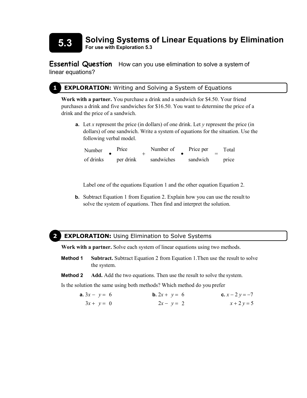 Solving Linear Equations By Elimination Worksheet